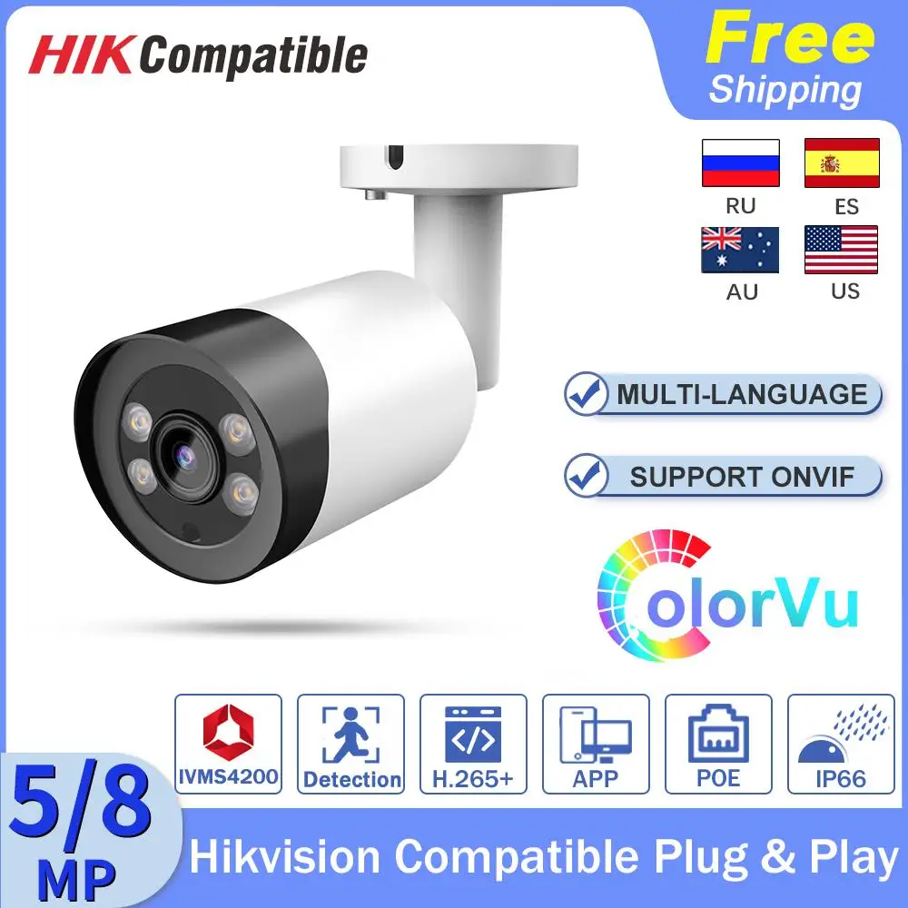 

Hikvision Compatible Full Color 5MP 8MP Security Camera Outdoor PoE APP Monitor Video Surveillance Motion Detect IP66 Plug&Play
