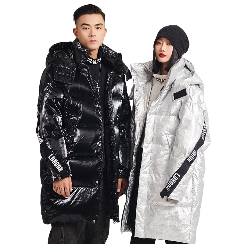 2021 new down jacket men's long fashion brand handsome hooded coat men loose thickened warm coat bright white duck down coubles