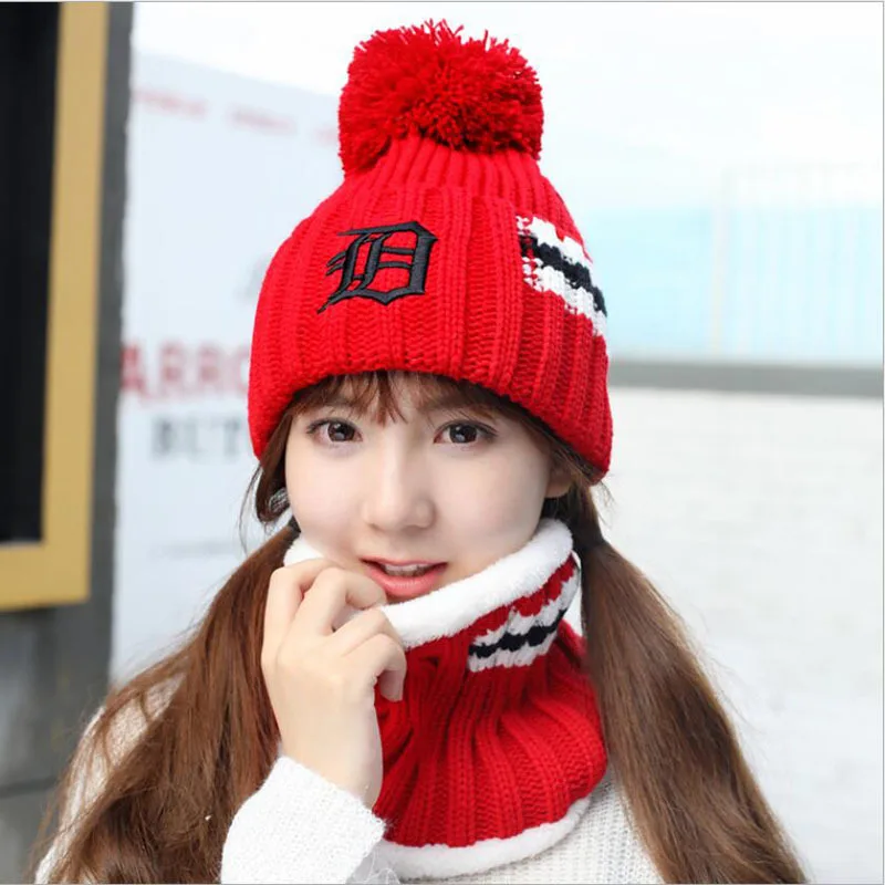 Для девочек лыжный новый бренд большой мех помпоны вязаный шарик шапки шарф