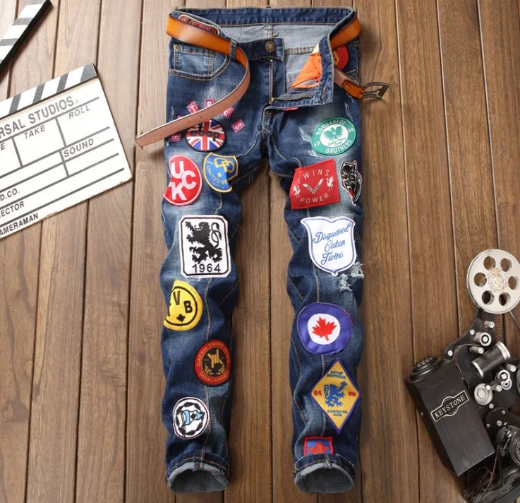 

Italy mens STYLEZ hole denim embroidery blue trousers zipper luxury r men jeans