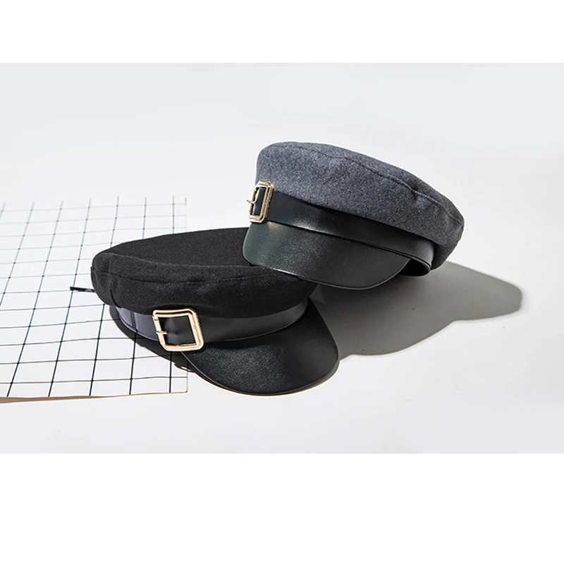 Черная шерстяная военная шапка Корейская мода Европейский Американский