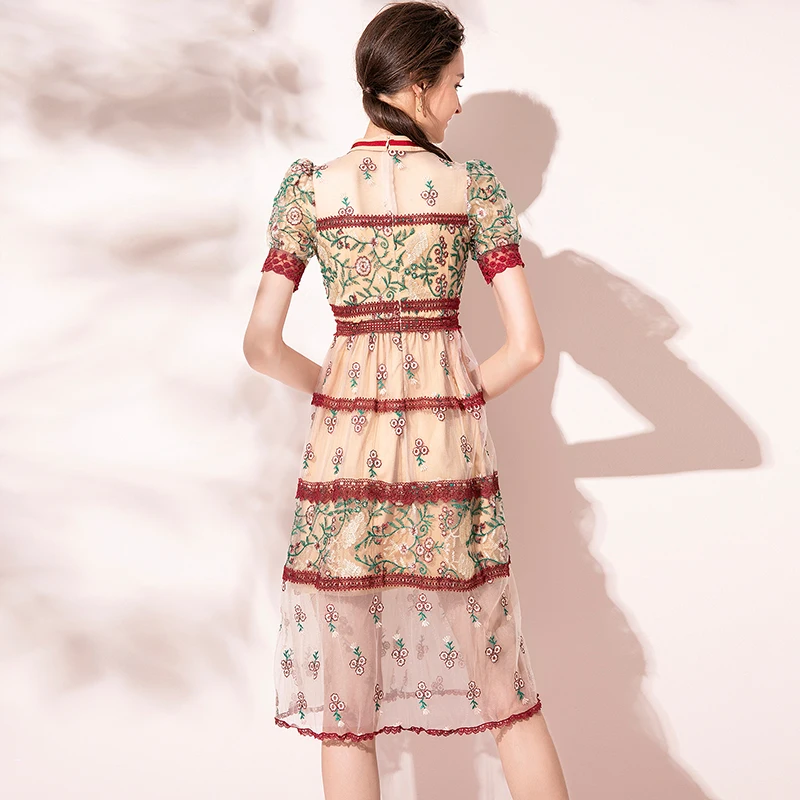 

2021 new lace up round neck bubble sleeve gauze perspective heavy industry embroidery retro show dress for women