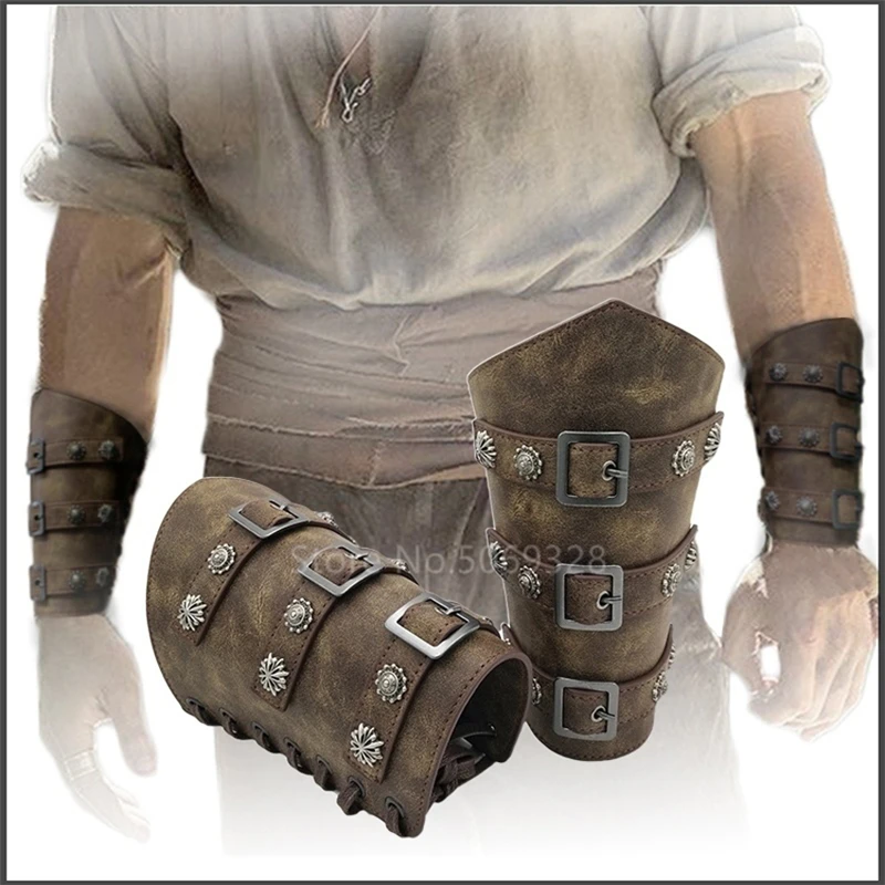 

1Pc Men Medieval Cosplay Leather Armor Arm Warmers Lace-Up Viking Pirate Knight Gauntlet Wristband Bracer Steampunk Accessories