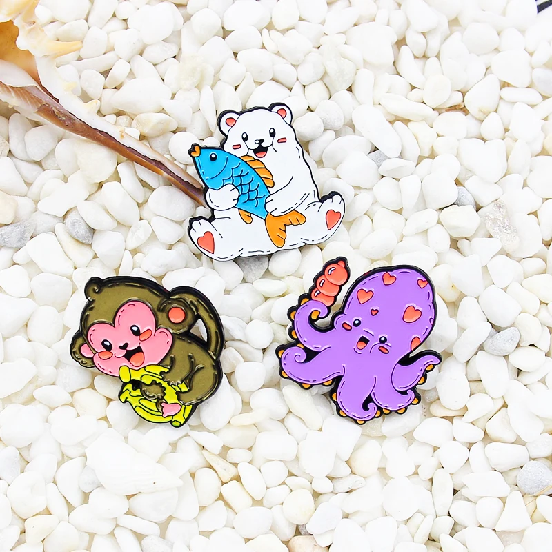 Милые животные осьминог обезьяна белый медведь обеденная эмалированная брошь