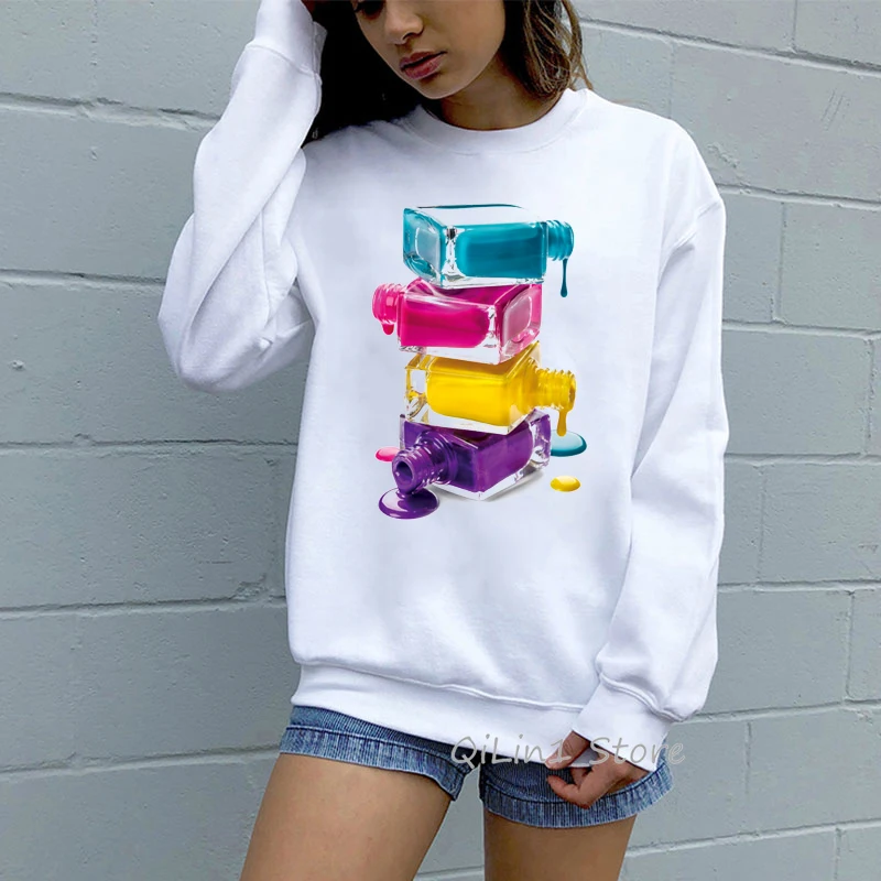 

A Stack Of Nail Polish Printed Funny Hoodie Woman Kawaii Top Clothes Women 3D Sweatshirts 90s Streetwear White Tracksuit Moletom