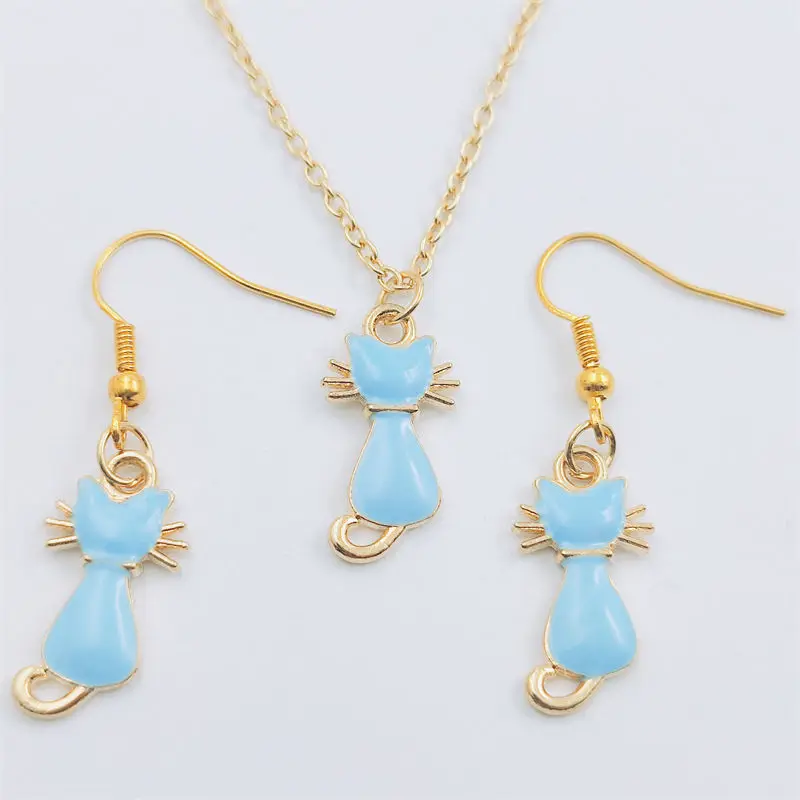 

Blue Cat Animal Gold Earring Necklace Sets Jewelry Set Retro Vintage Antique,Fashion Women Christmas Birthday Girl Gifts