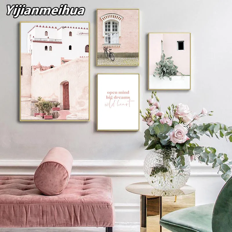 Pink Arabic Architecture Rural Landscape Poster Old House Bike Canvas Print Nature Wall Art Painting Nordic Decoration Picture | Дом и сад