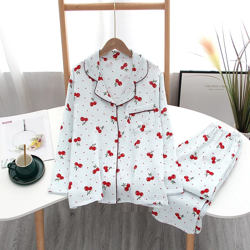 

Autumn Cherry Printing Pajamas for Women Lapel Plus Size Loose Long Sleeve Long Pants Sleepwear Cotton Crepe 2pcs Set Nightwear
