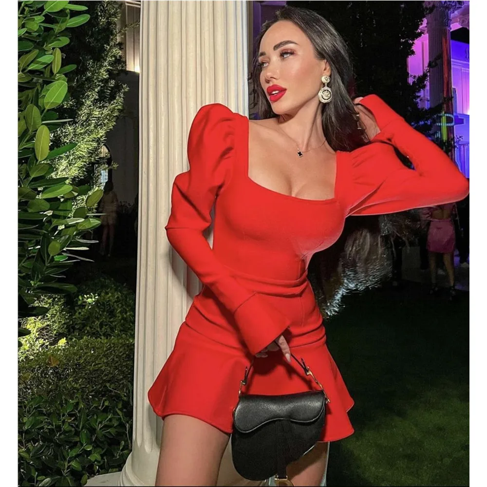 

Women Winter Sexy Long Sleeve Square Collar Black Pleated Mini Bodycon Bandage Dress 2021 Elegant Evening Party Dress Vestidos