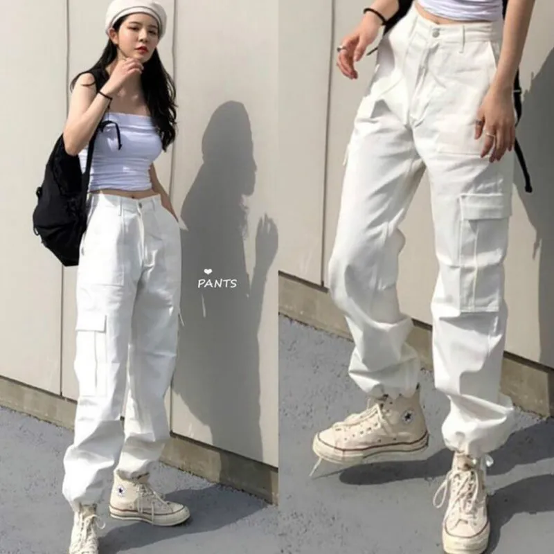

Fall 2021 Women Harajuku Style Designer White Pants Neutral Handsome Cargo Pants Casual Korean Chic Retro Utility Pants Women