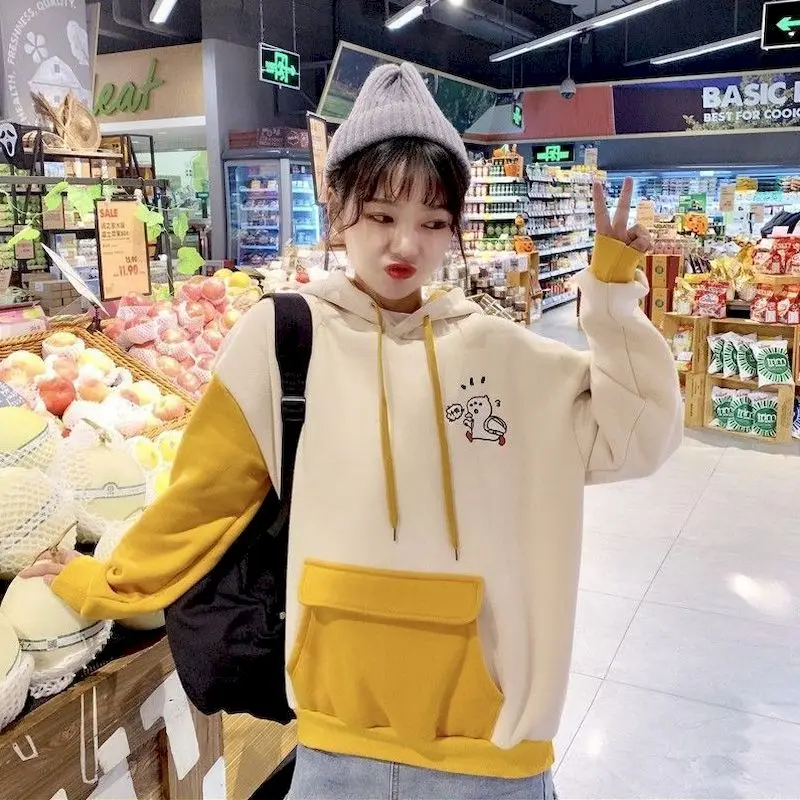 

Sweatshirt female autumn and winter 2020 new ins hot lazy pet cartoon plus velvet thick pockets in the long loose Korean