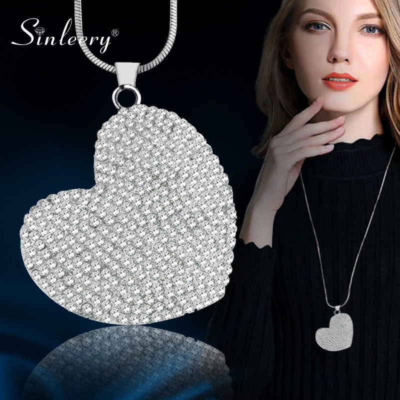 

SINLEERY Romantic Big Full Cubic Zirconia Heart Necklace For Women Stones Necklace Silver Color Long Snake Chain MY238 SSF