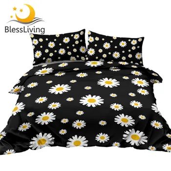 BlessLiving Daisy Duvet Cover Set White Flowers Bedclothes Black Modern Bedding Sets 3 Pieces Elegant Comforter Cover Queen King 1