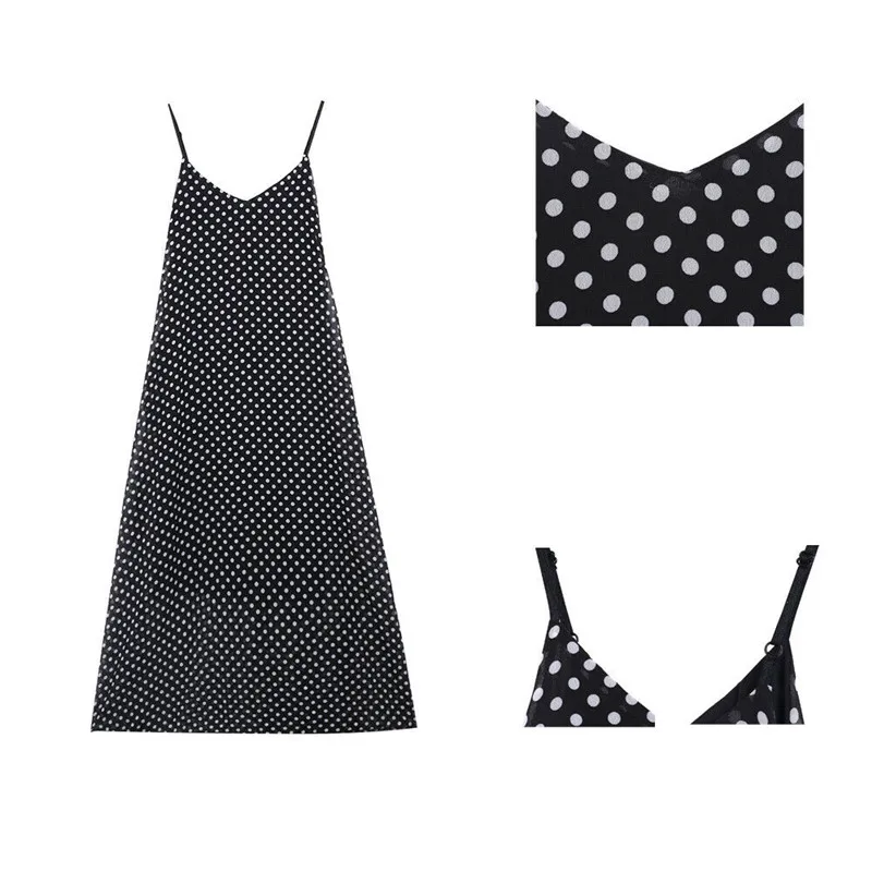 Простое женское летнее черное платье в стиле бохо свободное без рукавов горошек