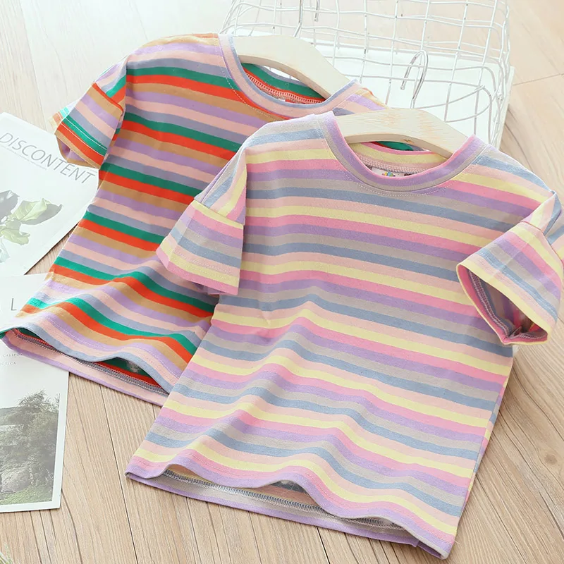 

Baby Striped Short-Sleeved T-shirt 2021 Summer New Girls' Clothing Children's Rainbow Bottoming Shirt