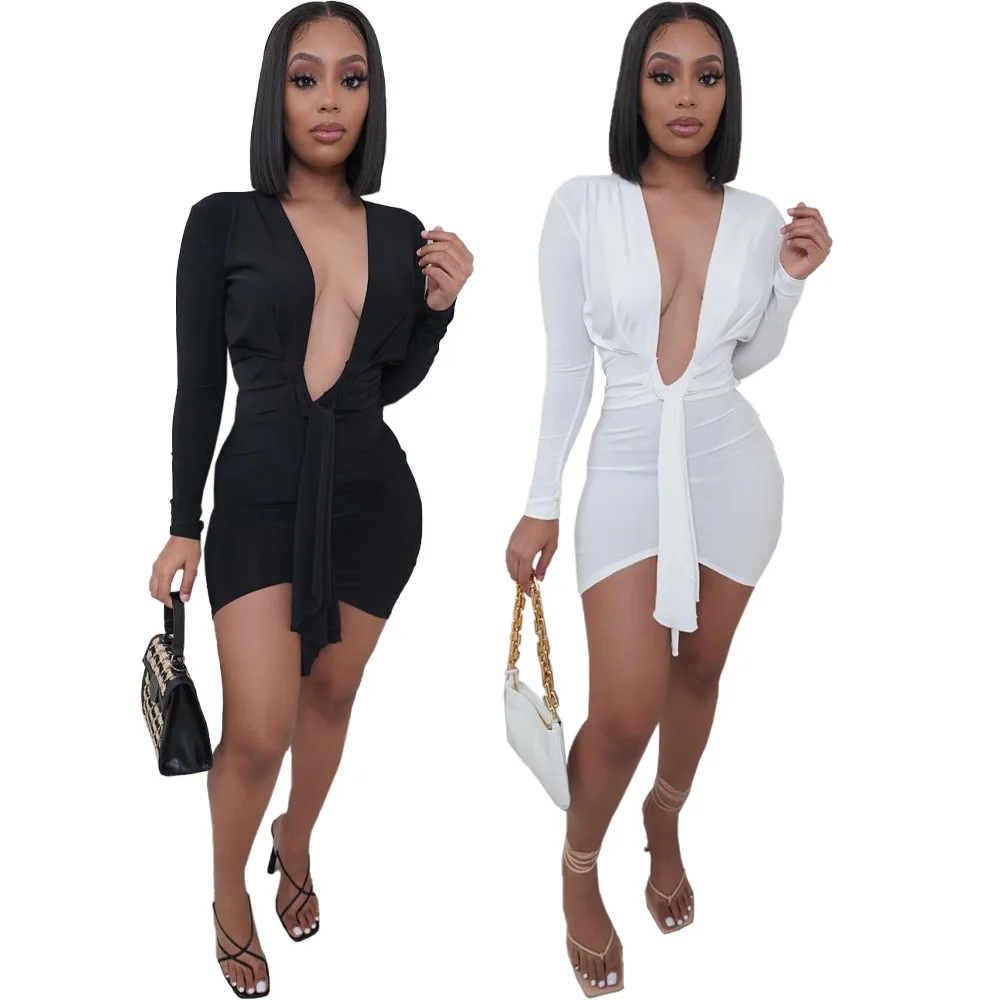 

sexy deep V neck party dress autumn long sleeve lace up bodycon mini dresses