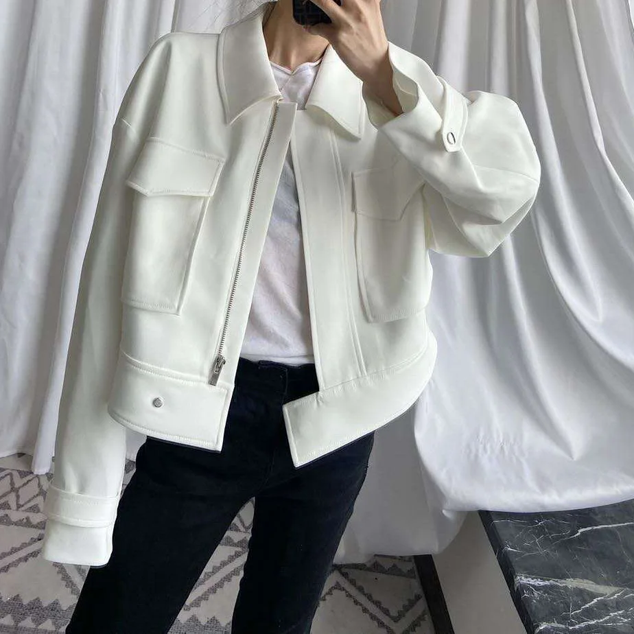 

Women Jacket Spring/Autumn 2021 New Jacket Fashionable Casual Big Pocket Solid Color Black and White 2 Color Short Jacket