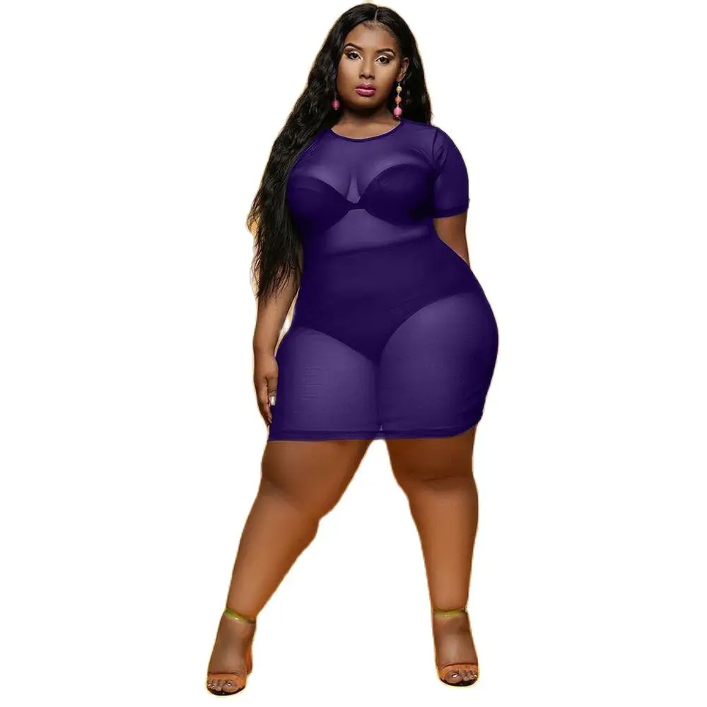 

Women Dresses Summer 2021 New See Through Slim Sexy Black Korean Net Plus Size Women A Line Short Sleeves Dress