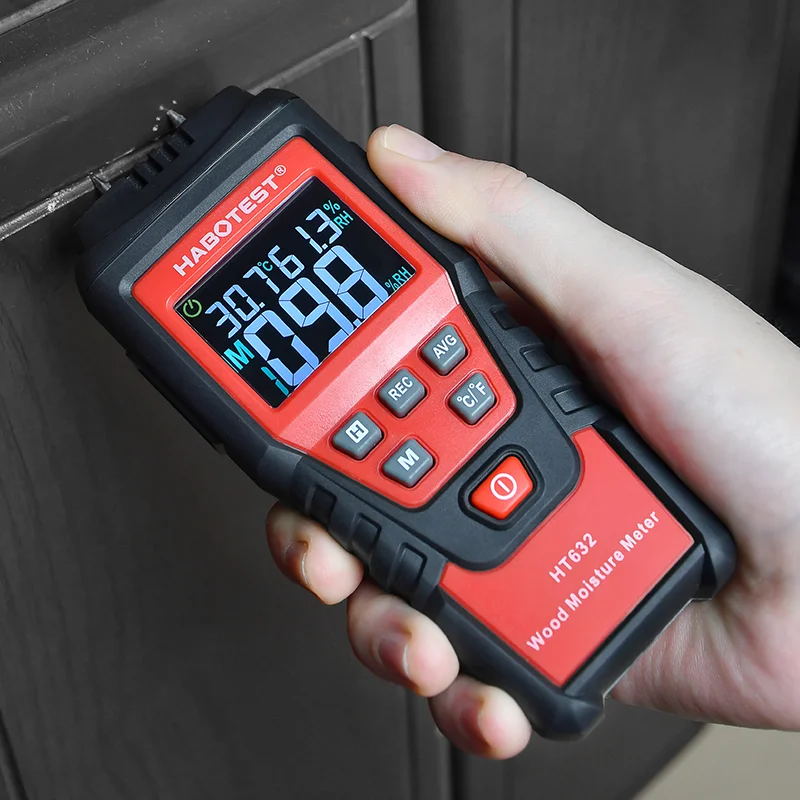 HABOTEST HT632 Digital Wood Moisture Meter Two Pins LCD Color Display Timber Damp Analyzer Material Hygrometer Temp Data Hold |