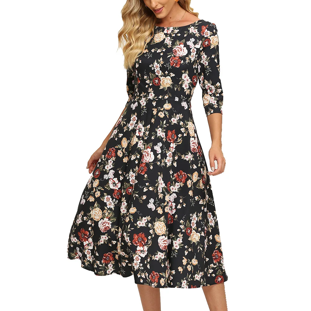 

Women Dress Autumn 2021 New Women Printed Round Neck Three Quarter Sleeve Bohemian Slim Dress Woman Vestido Feminino Donsignet