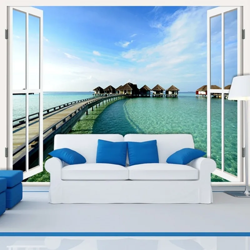 

Прямая поставка на заказ гостиная диван фон спальня Свадьба комната обои 3D Европейский морской пейзаж Ложные окна обои росписи