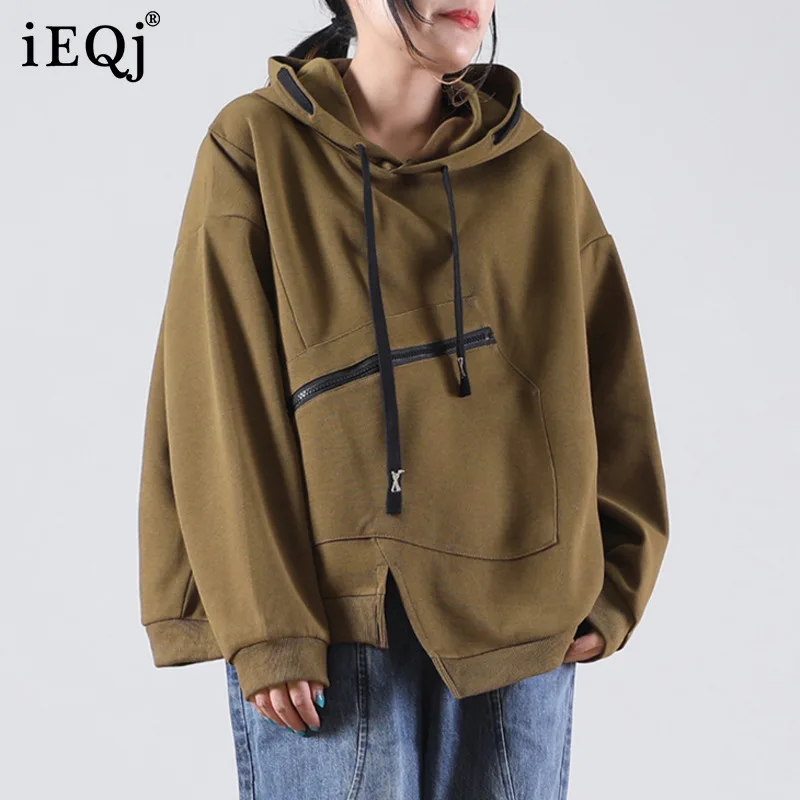 

IEQJ 2021 Autumn Winter New Female Long Sleeve Drawstring Hooded Diagonal Zipper Pocket Sweatshirt Women Fashion Clothing 3W428
