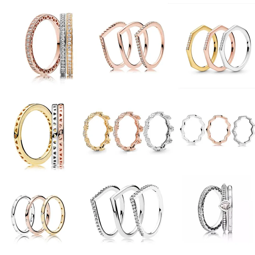 

925 Sterling Silver Pan Ring Stackable Hearts With Crystal Rings For Women Wedding Party Gift Fashion Jewelry