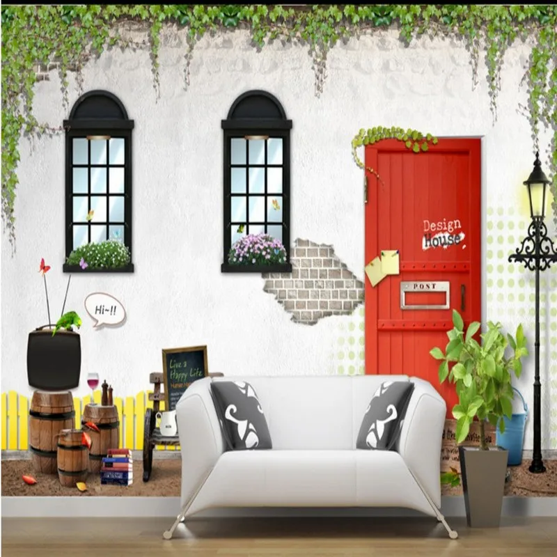 Дропшиппинг обои 3d Ручная роспись Европейский дом красная деревянная дверь