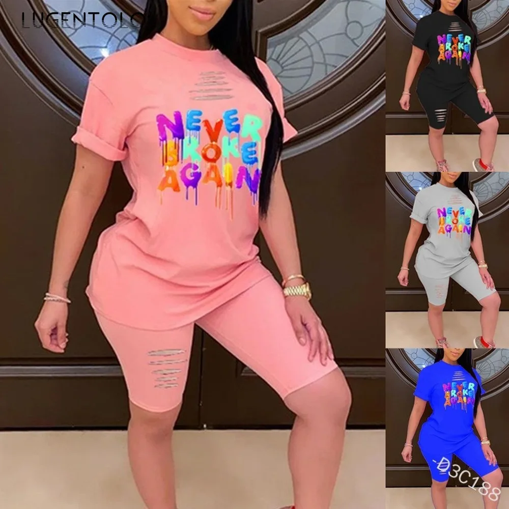 

Lugentolo Two Piece Set Women Summer Fashion Letter Print Round Neck Pullover Shorts Elastic Waist Plus Size Womens Sets