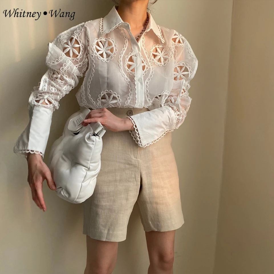 WHITNEY WANG блузки 2020 Осенняя мода уличная открытая Цветочная блузка женская блуза