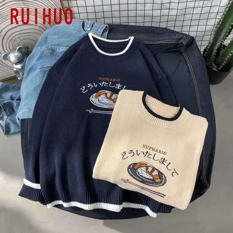 

RUIHUO Japan Style Knit Sweater Men Clothing 2021 Fashion Harajuku Sweaters Pullover Mens Sweater For Men Korean Clothes M-2XL