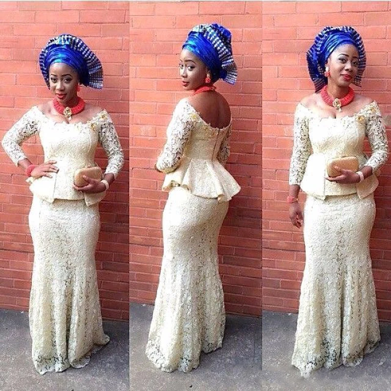

2021 Lace Evening Dress Mermaid Nigeria Style Fashion Formal Wear Sweep Train Off The Shoulder African Prom Dresses Plus Size