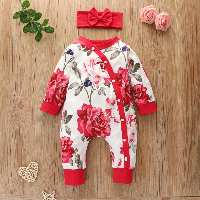 

Autumn-Winter Infant Baby Girl Jumpsuit Outfits 2Pcs Floral Long-sleeved Rompers Single-breasted Headband Casual Outfits