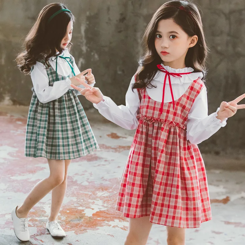 

Girls Splicing Dress Cute Peter Pan Collar Fashion Plaid Stripes Princess Clothes Long Sleeves Kids Party Dresses 4 To 14 Years