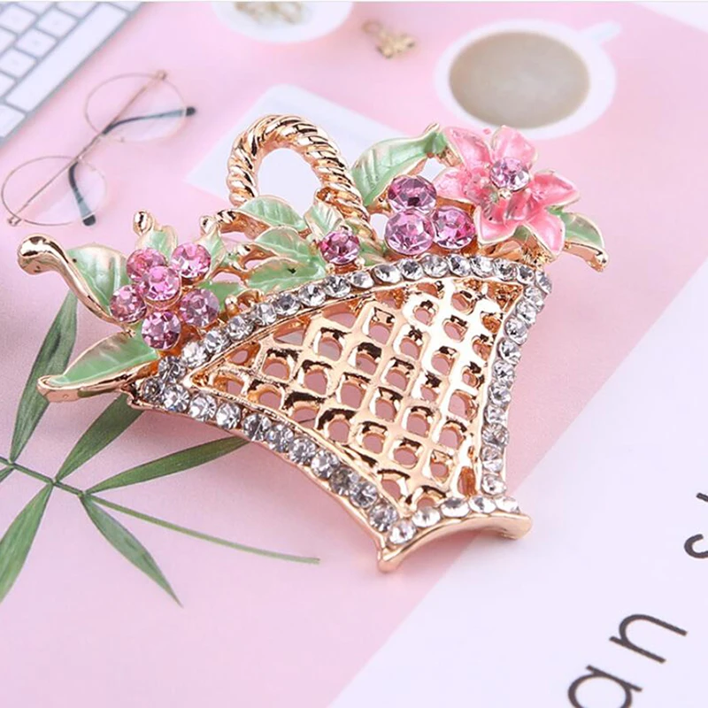 Цветочная корзина полый бриллиант брошь женская Цветная из сплава цветное