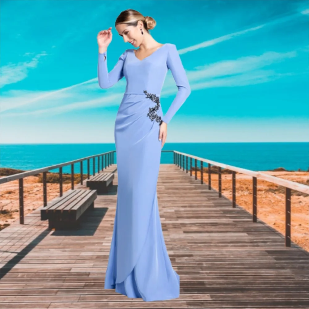 

V-Neck Long Sleeve Prom Dresses Light Sky Blue Elastic Satin Sheath Floor Length Evening Gowns Dress Formal
