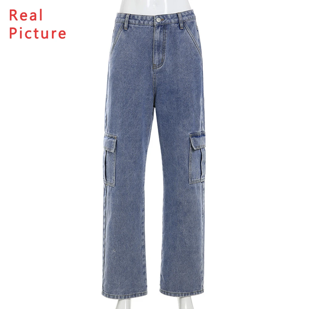 

Baggy Jeans Pants Women High Waist Denim Blue White Black Baggy Jeans Zipper Fly Pocket Women Straight Wide Leg Pants