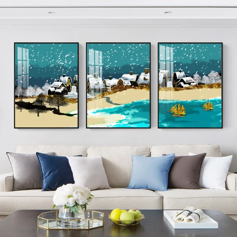 

Nordic Blue Beach Landscape Decorative Prints Wall Painting Hand Drawn White Snow House Picture Posters Aesthetic Room Decor