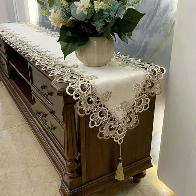 French Simplicity Lace Trim Fabric Table Runner Mat Piano Refrigerator Meal Desk Cover Cloth Study Room Living Party Decoration