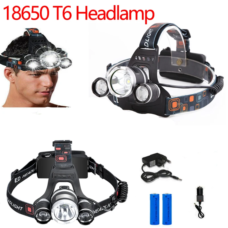 

Светодиодный налобный фонарь T6 для рыбалки, высокомощный налобный фонарь 18650 лм, перезаряжаемый налобный фонарь для кемпинга, рыбалки, рабо...