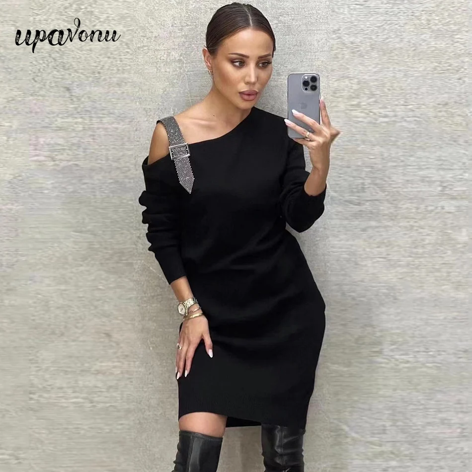 

Free Shipping 2021 Winter Elegant Rhinestone Sling Black Dress Women's Slant Collar Long Sleeve Bodycon Dress Club Party Vestido