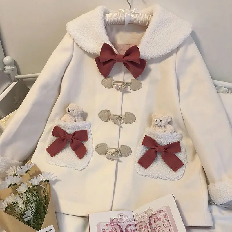 

Winter Sweet Girl Japanese Cute Kawaii Lolita Girl Woolen Coat Bowknot Doll Collar Horn Button All-Match Loli Woman Woolen Coat