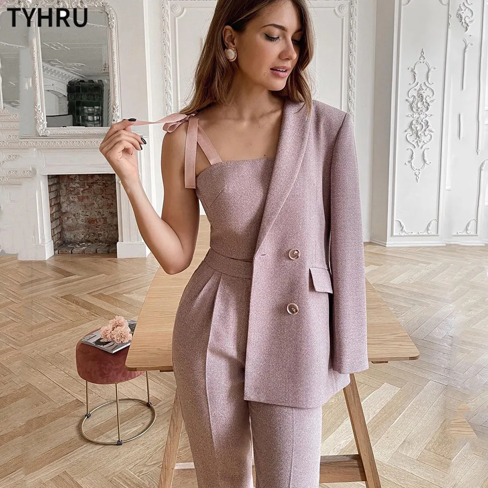

TYHRU Women Suits Female Pant Suits Office Lady Business Set Work Wear Double breasted Blazers Camis Tops and Pant 3 Pieces Set