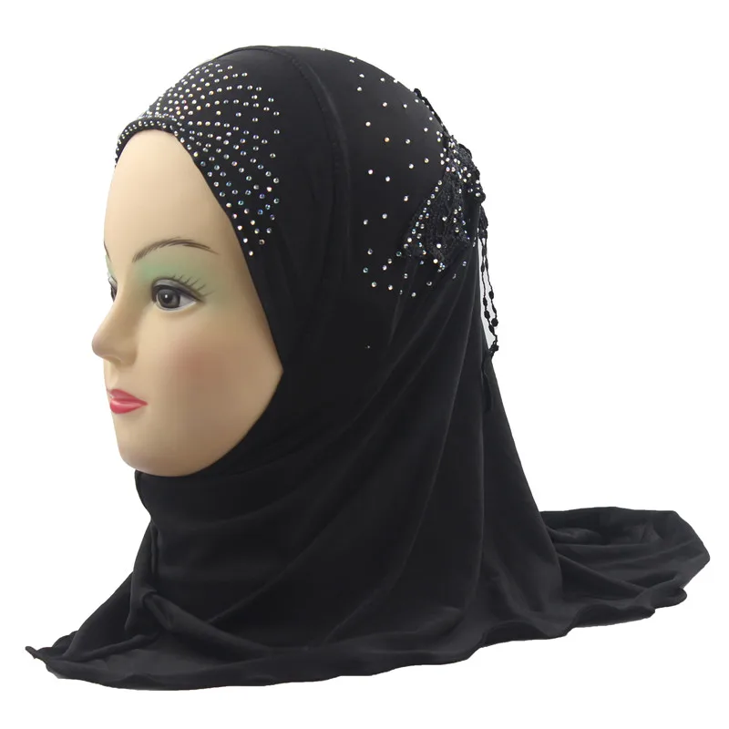 Black Girls Hijab Kids Muslim Beautiful Embroidery Hijab Islamic Fashion Scarf Shawls Flower Pattern about 45cm - Цвет: Black