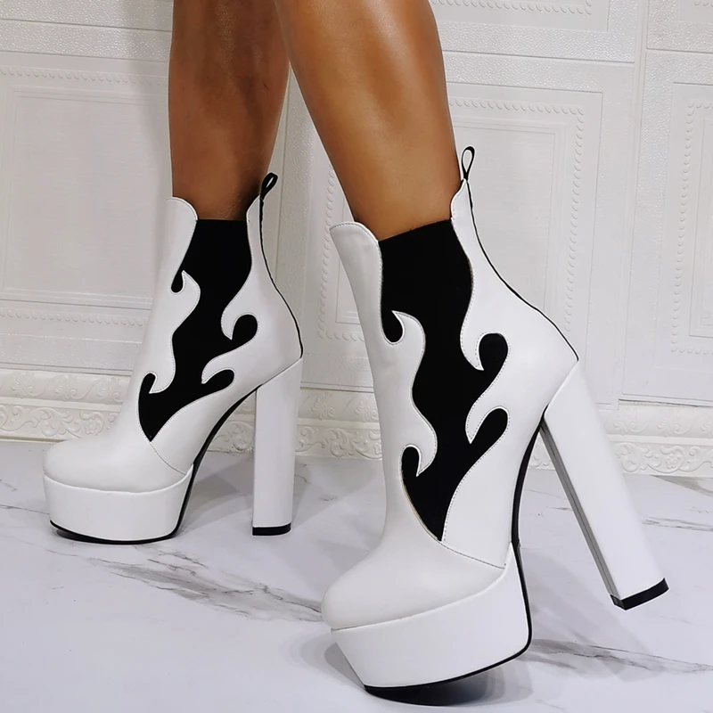 Contrast Black and White Women Shoes Booty Round Toe Platform Fashion Ankle Boots High Heel Big Size 47