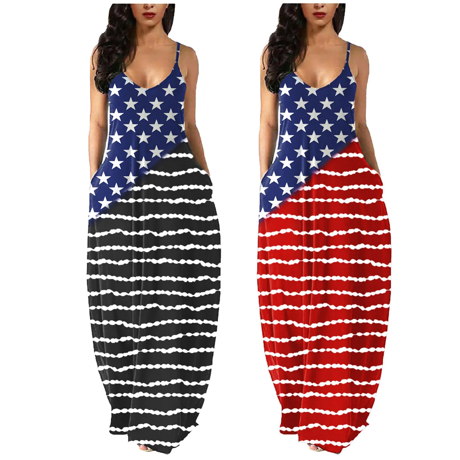 

Women Tie-Dye Sleeveless V Neck Maxi Dress Casual Sundress Beach Long Dress Diagonal Stripe Independence Day Printed Dress