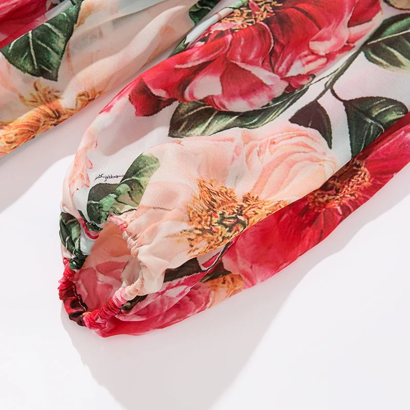 

DIDABOLE summer new Women's Bohemian Bowknot Streamer Long Sleeve Vacation Vintage Elegant Flower Print Fashion Chiffon Dress