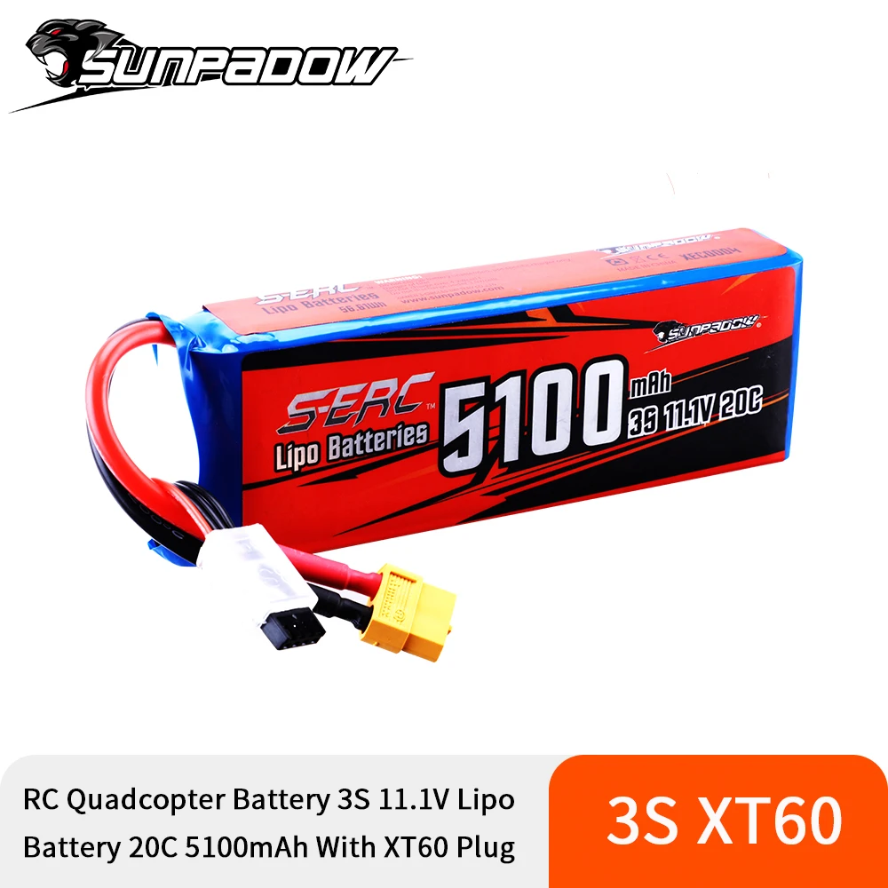 Аккумулятор Sunpadow 3S 20C Lipo 5100 мАч 11,1 В с разъемом XT60 для радиоуправляемых самолетов, вертолетов, дронов, FPV квадрокоптеров