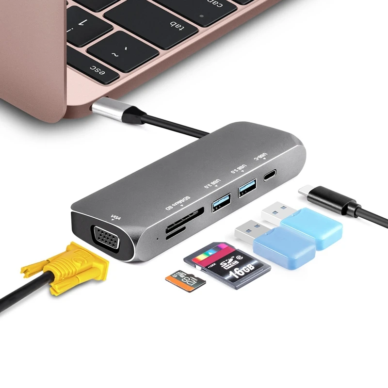Полный тип C к Vga концентратор адаптер + Pd Usb 3 0X2 Sd/Tf конвертер для Pro/Pc/Switch/Meeting/Game |