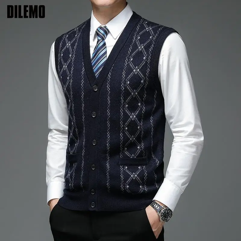 

New Autum Fashion Brand Argyle 6% Wool Cardigan Diamond Trendy Sweater Deep V Neck Knit Vest Men Sleeveless Casual Men Clothing